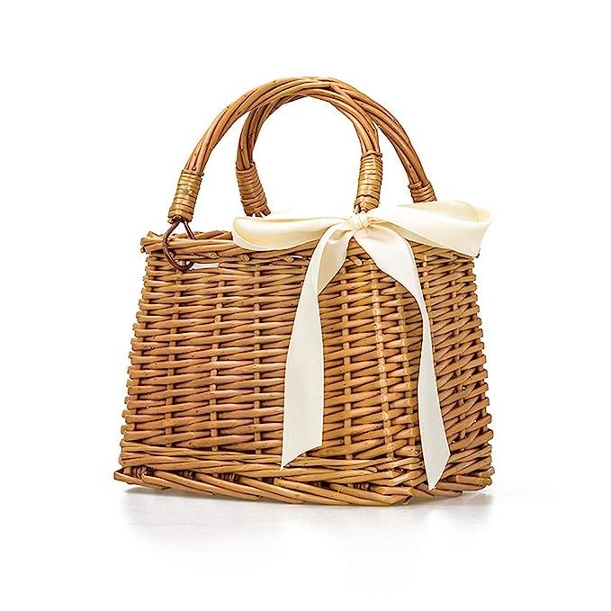 Natural Hand-Woven Rectangular Wicker Handbag Basket Purse Retro Summer Beach Straw Tote for Women | Amazon (US)