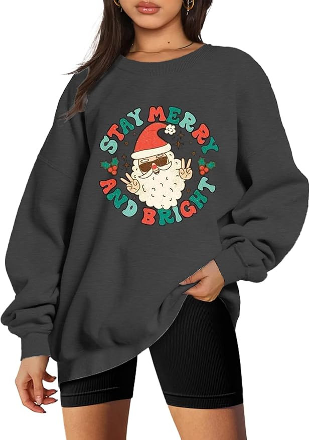 Women Christmas Sweatshirt Stay Merry and Bright Shirts Retro Santa Graphic Long Sleeve Crewneck ... | Amazon (US)