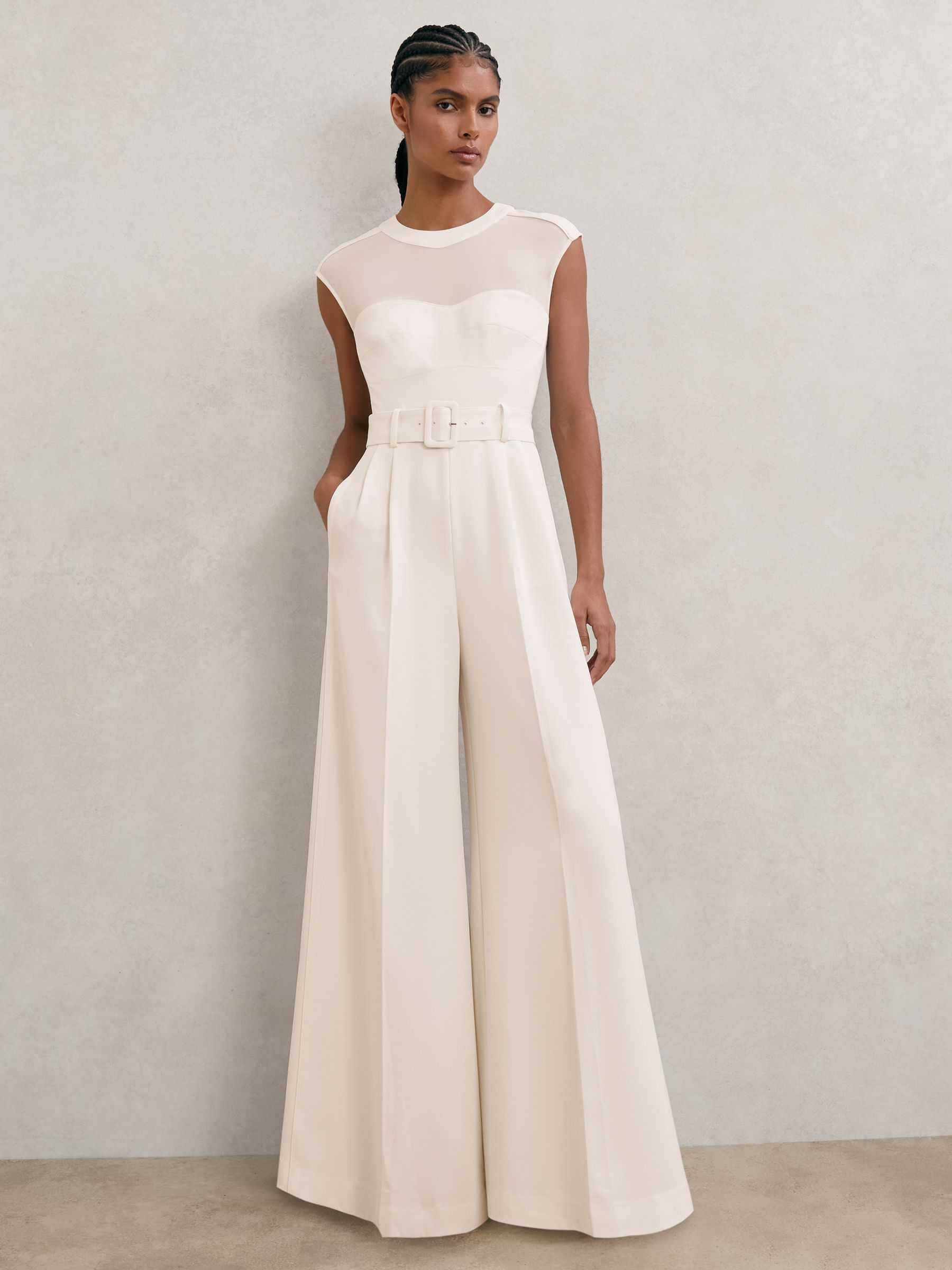 Sheer-Panel Wide-Leg Belted Jumpsuit in Ivory | Reiss UK
