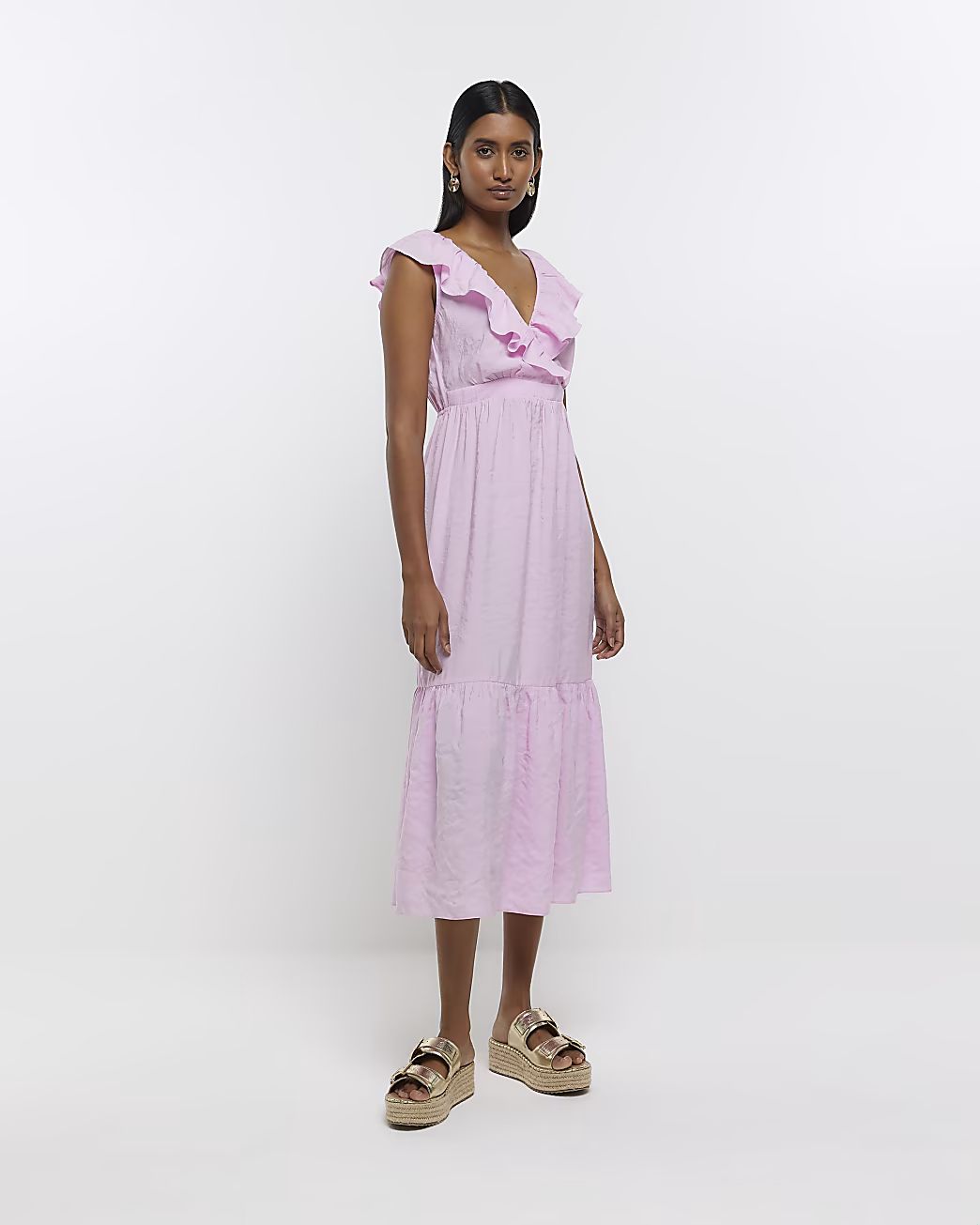 Pink v-neck frill maxi dress | River Island (UK & IE)