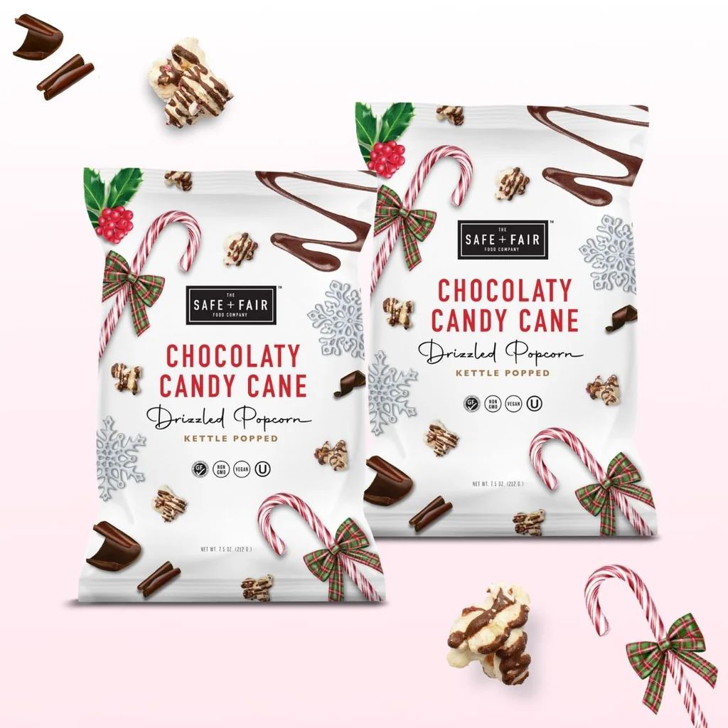 Chocolaty Candy Cane Drizzled Popcorn Pack - Safe + Fair | Safe + Fair