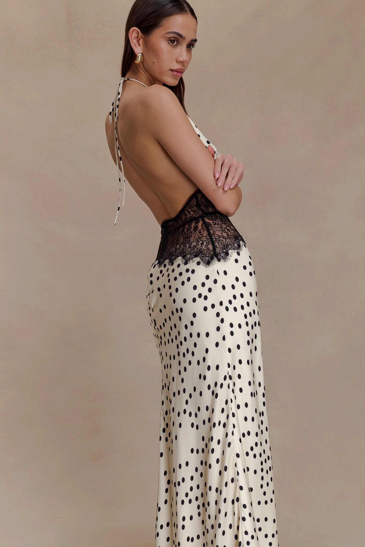 Lace And Satin Maxi Dress - Polkadot | MESHKI US