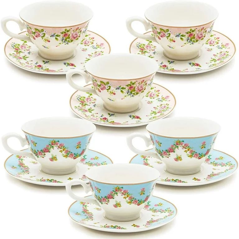 Set of 6 Vintage Floral Tea Cups and Saucers for Tea Party Supplies (Blue, Pink, 8oz) | Walmart (US)