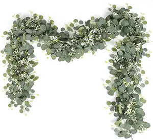 SOMYTING Eucalyptus Garland with White Flowers 2 Packs 5.9Ft Silver Dollar Eucalyptus Leaves Gyps... | Amazon (US)