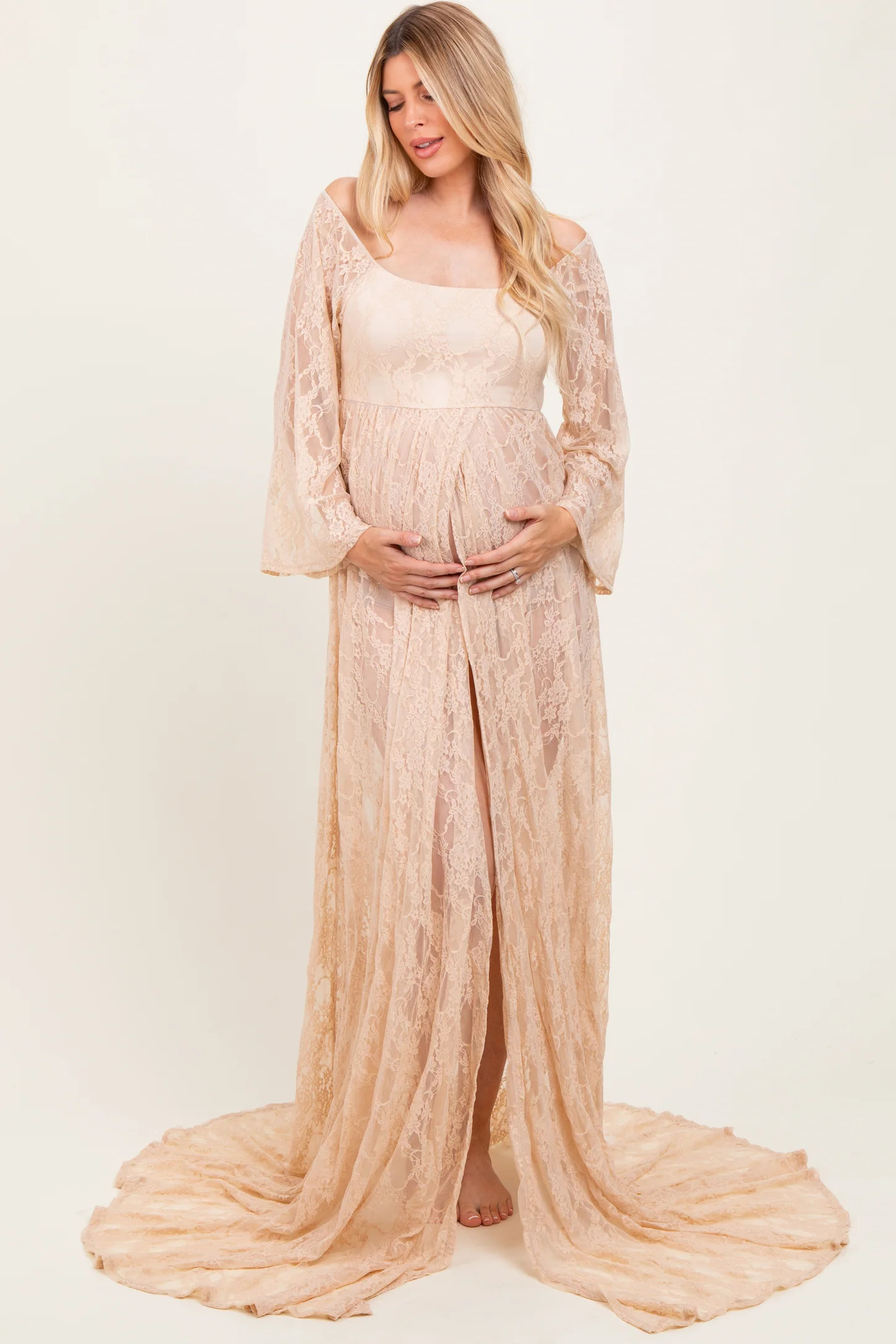 Beige Lace Long Sleeve Off Shoulder Slit Draped Maternity Photoshoot Dress | PinkBlush Maternity