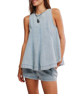 Cassius Denim Fit and Flare Top and Coordinating High-Rise Short Set | Dillard's