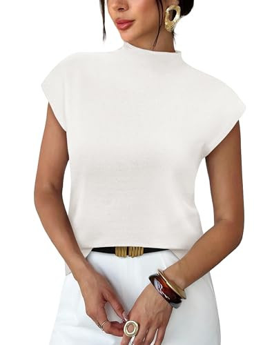 Summer Tops for Women Trendy 2026 Fashion Spring Sweaters Lightweight Turtleneck Cap Sleeve Tops Busineess Casual Outfits Vacation Shirts Dressy White Blouses Ladies Work Clothes L | Amazon (US)