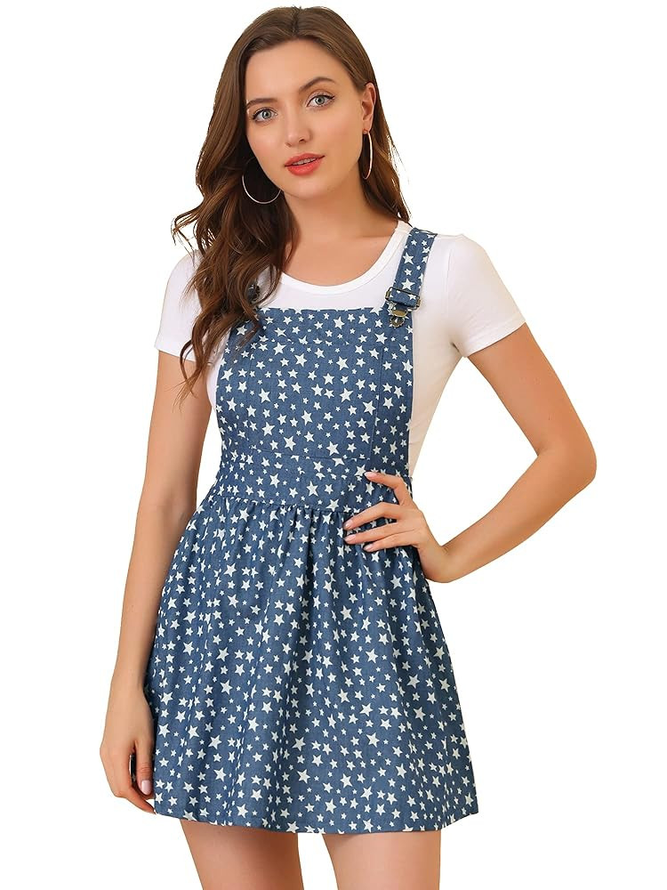 Allegra K Women's Casual Pinafore Dress Suspender Straps Pattern Bib Overall Mini Dresses | Amazon (US)