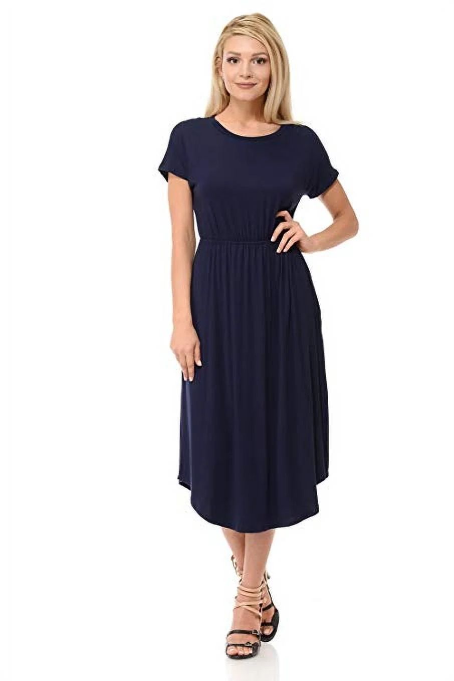 Women's Short Sleeve Flare Midi Dress Pockets in Solid Floral - Walmart.com | Walmart (US)