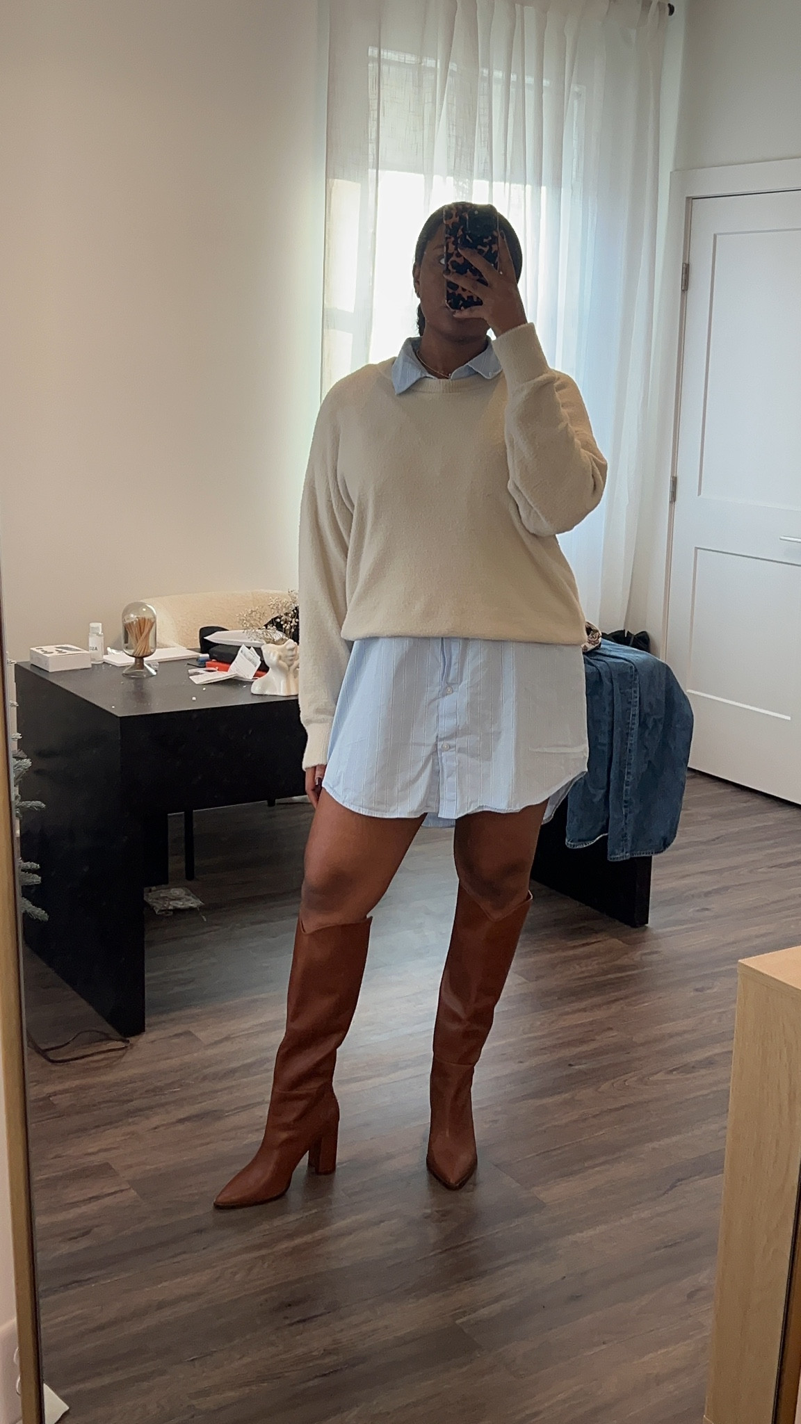 spring transitional clean classy corporate outfit: button down dress + sweater + boots + gold jewelry 

#LTKStyleTip #LTKSeasonal #LTKWorkwear