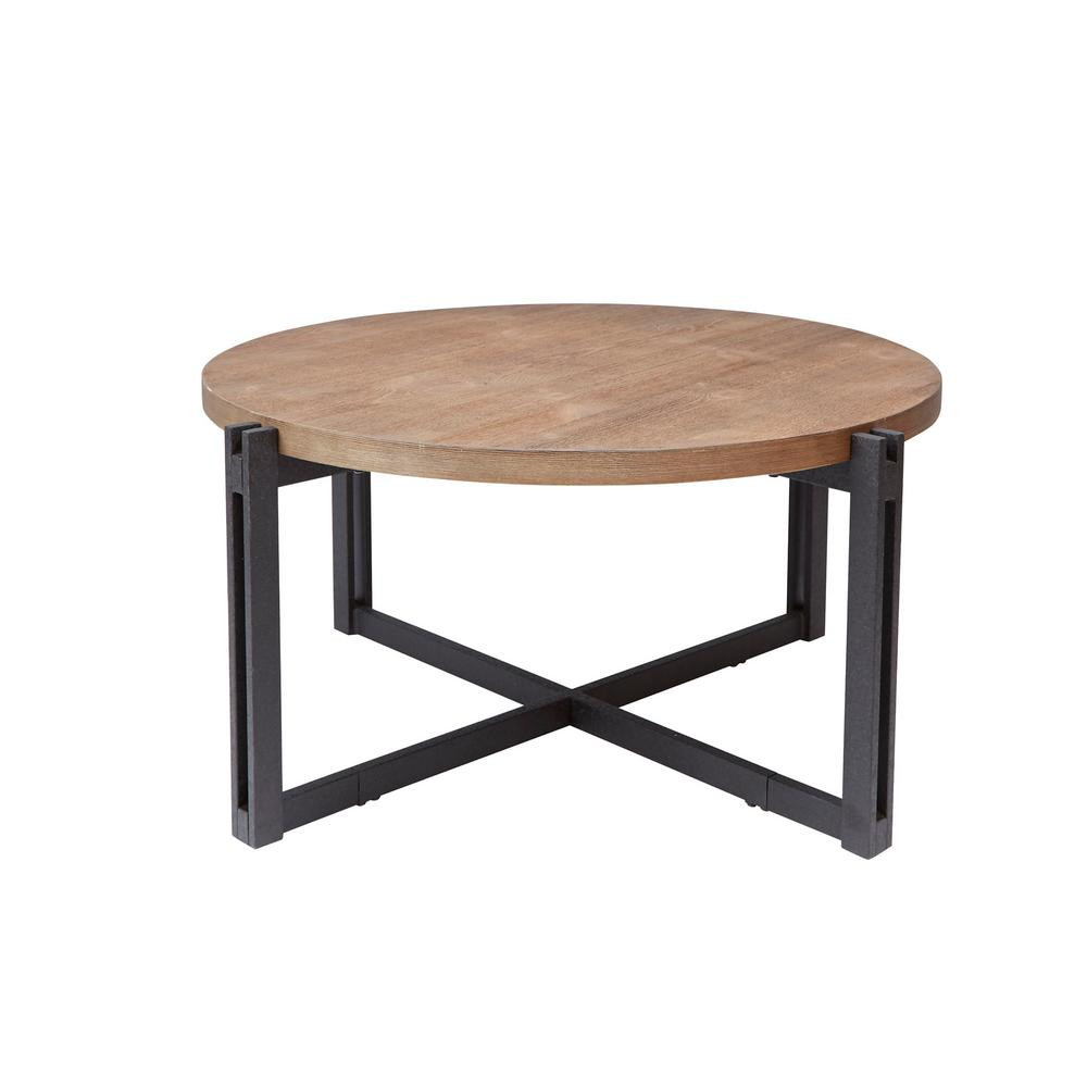 Silverwood Furniture Reimagined Dakota Gray and Brown Round Wood Top Coffee Table, Black | The Home Depot