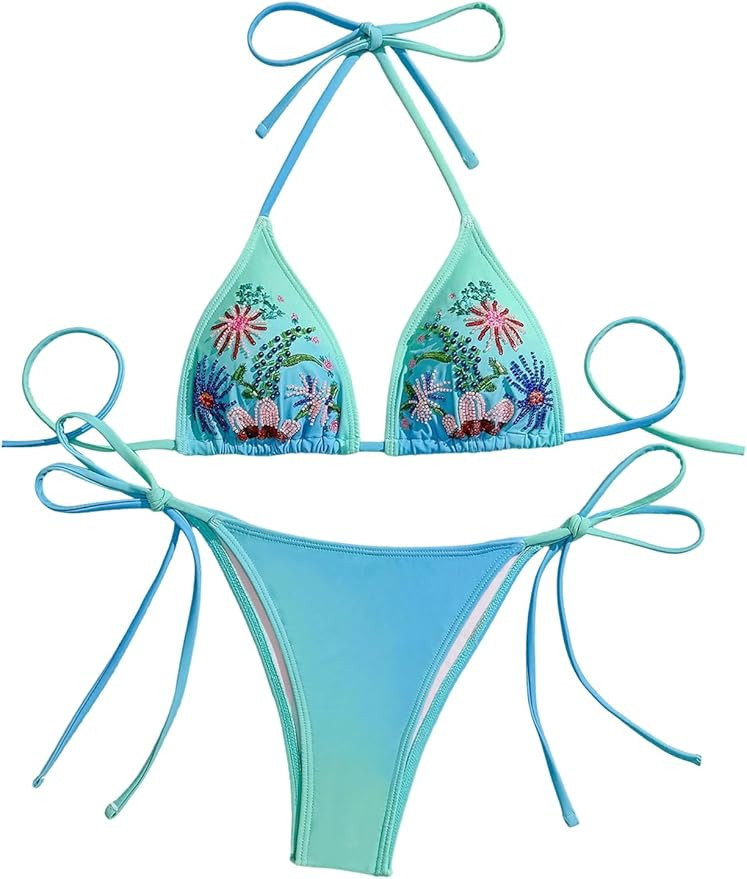 Women's 2 Piece Bikini Sets Floral Beaded Triangle Halter String Swimsuit High Cut Bathing Suit | Amazon (US)