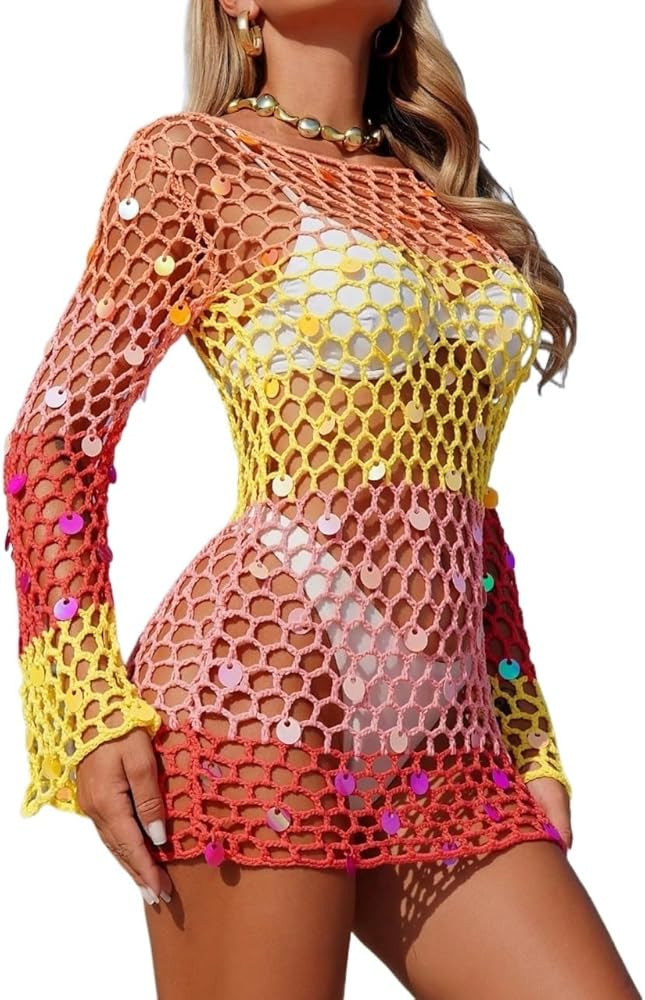 Women's Summer Swimsuit 2026 Cover up Sequin Net Cover-Up Dress, Round Neck Long Sleeve Beach For... | Amazon (US)
