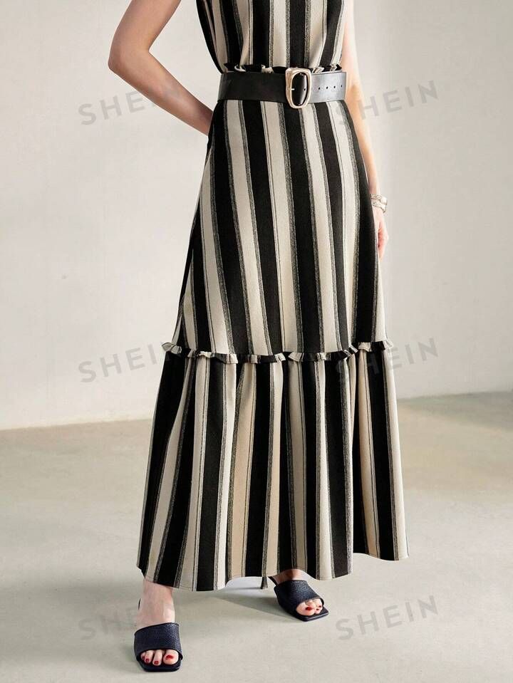 MOTF PREMIUM STRIPED PRINT COLORBLOCK FRILL TRIM RUFFLE HEM SKIRT WITHOUT BELT | SHEIN USA | SHEIN