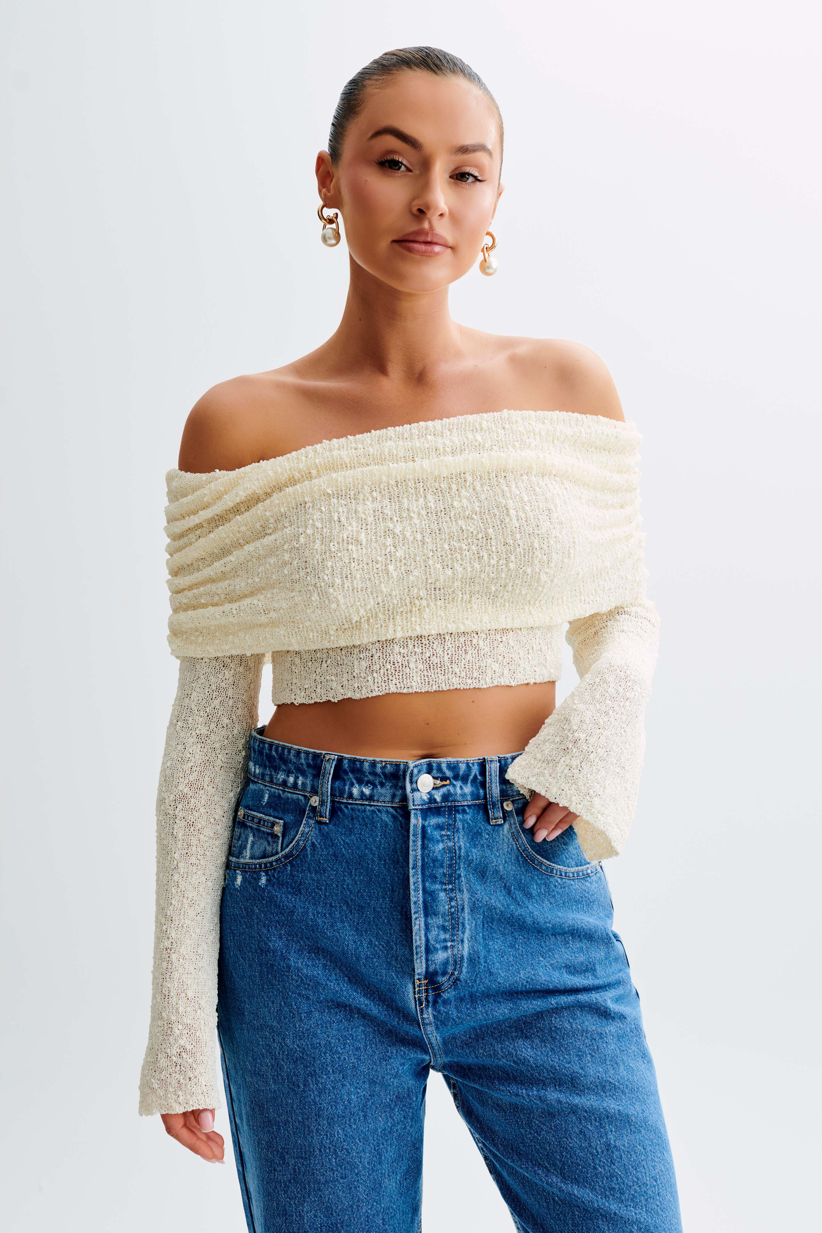 Marisol Off Shoulder Boucle Top - Ivory | MESHKI US