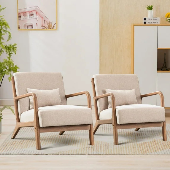 Bonzy Home Solid Wood Armchair, Mid-Century Accent Chair Set of 2 Living Room, Beige | Walmart (US)