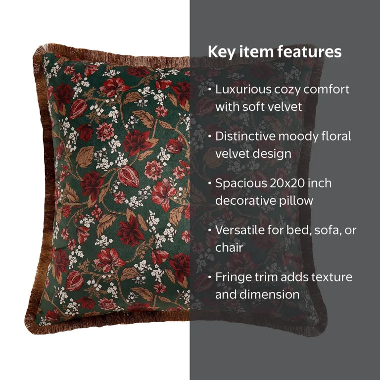 Home Decor Collection 20" x 20" Green Floral Velvet Decorative Pillow | Walmart (US)