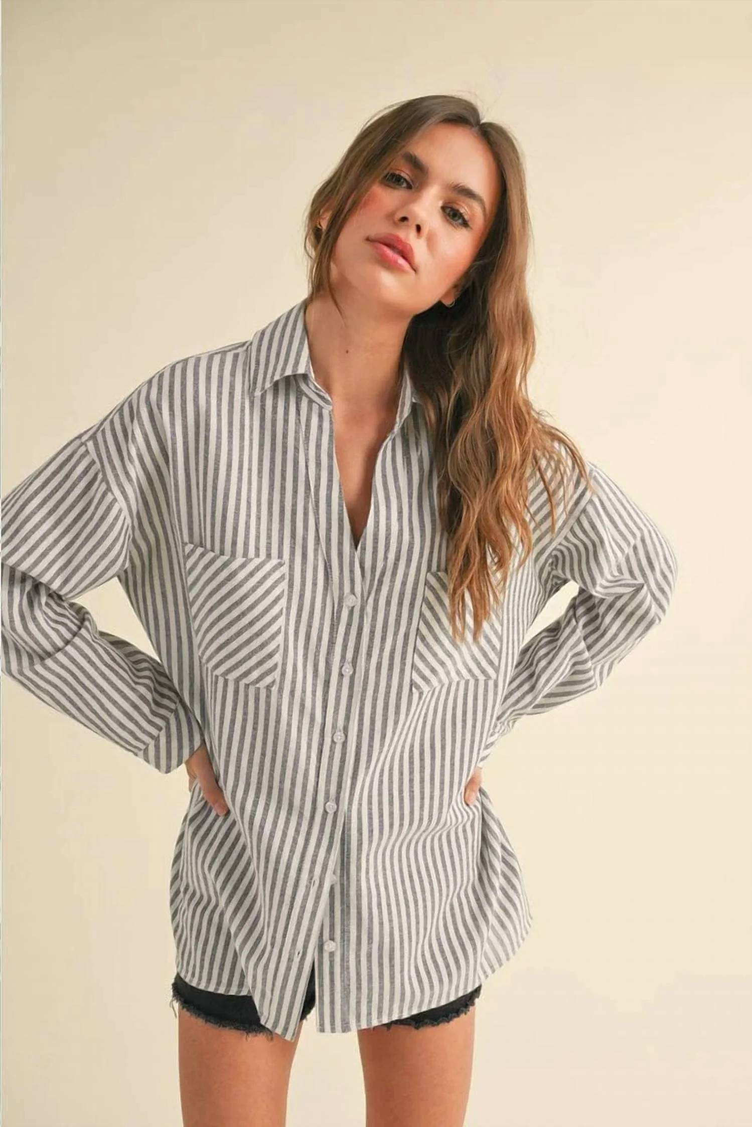 Striped Button Down Boyfriend Shirt In Navy | Shop Simon