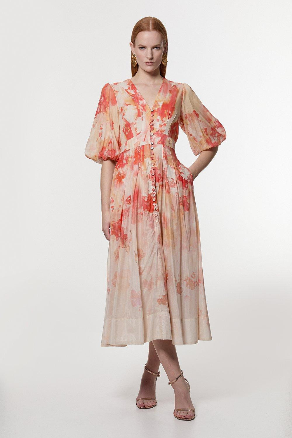 Silk Cotton Trailing Floral Puff Sleeve Midi Dress | Karen Millen UK + IE + DE + NL