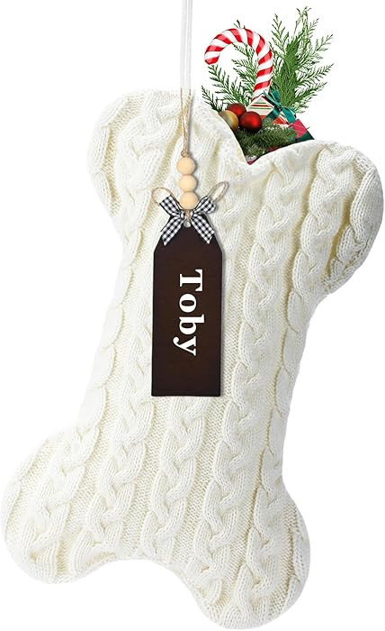 1 calcetín de Navidad blanco para perro con etiqueta de nombre de madera, medias de Navidad pers... | Amazon (US)