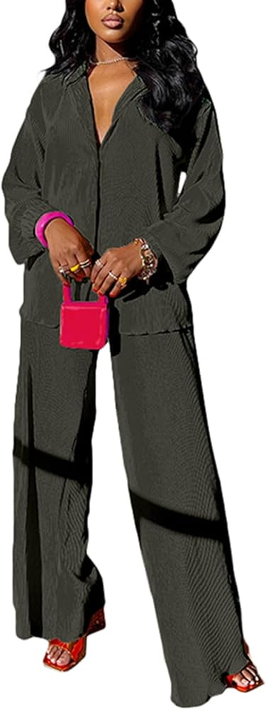 kaimimei Casual 2 Piece Outfit for Women - Linen Long Sleeve Button Down Shirt + Flare Pleated Wi... | Amazon (US)