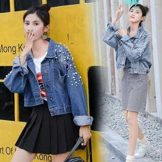 Faux Pearl Embellished Buttoned Denim Jacket | YesStyle Global