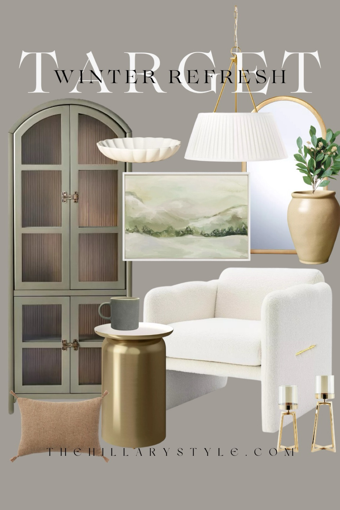 Target Winter Refresh: refresh your home for winter with finds from Target. Arch wood cabinet, white boucle accent chair, brass accent table, chandelier, accent pillow, gold arch mirror, framed winter art, gold candle holders, white ceramic bowl, vase, faux stem, ceramic mug. 

#LTKStyleTip #LTKHome #LTKSeasonal