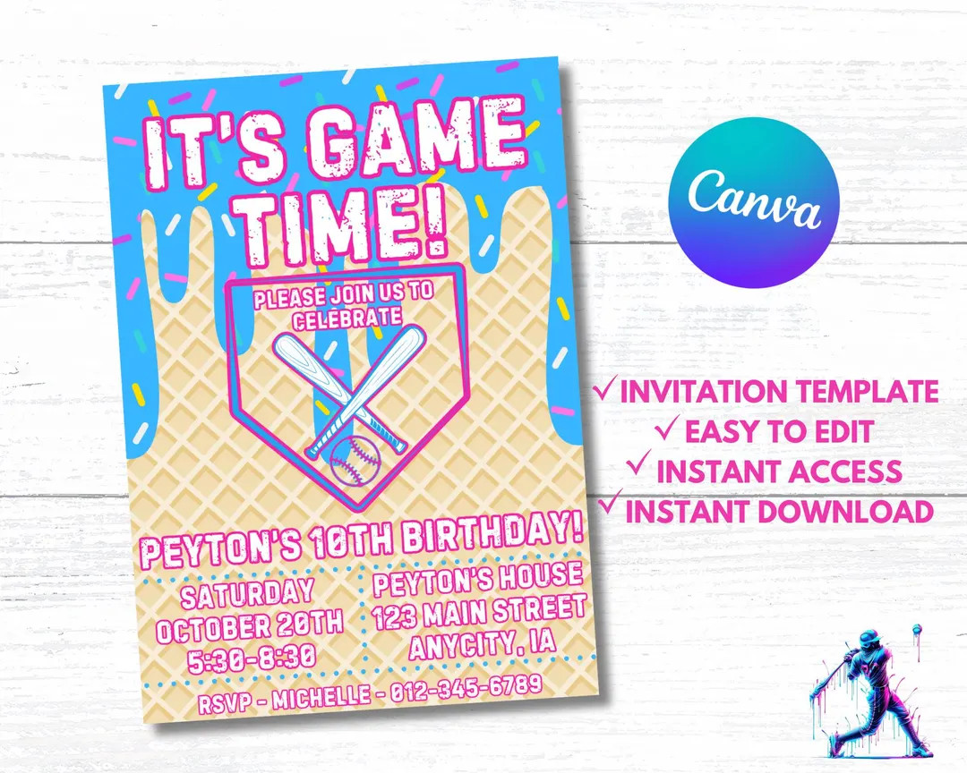 Baseball Drip Birthday Party Invitation, Digital Editable Canva Template, Baseball Ice Cream Drip... | Etsy (US)
