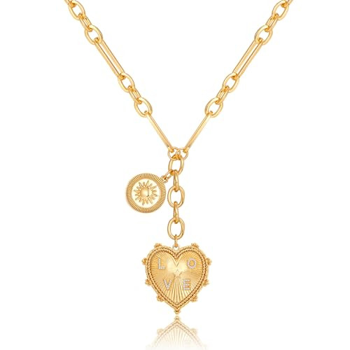 ORIGENCE Chunky Heart Necklace for Women 18K Gold Plated Sun Pendant Necklace Chunky Chain Choker Necklace Hip Hop Gold Charm Necklace Unisex Necklace | Amazon (US)