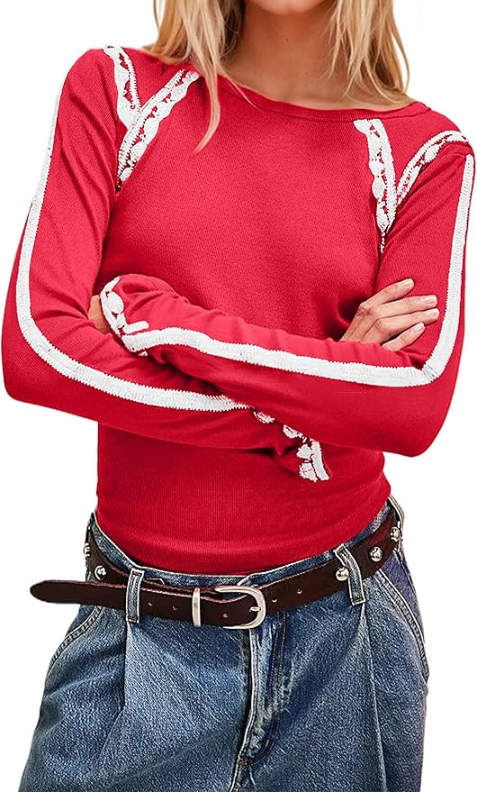 MISSACTIVER Women Contrast Y2K Lace Patchwork Long Sleeve Tops Round Neck Ribbed Knit Slim Fitted... | Amazon (US)