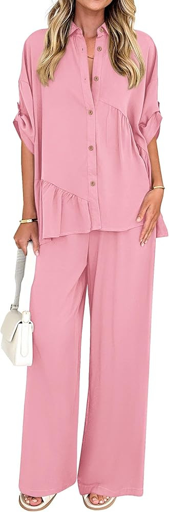 KIRUNDO Two Piece Sets for Women Spring Outfits 2026 Summer Dressy Casual Button Down Shirt Wide ... | Amazon (US)