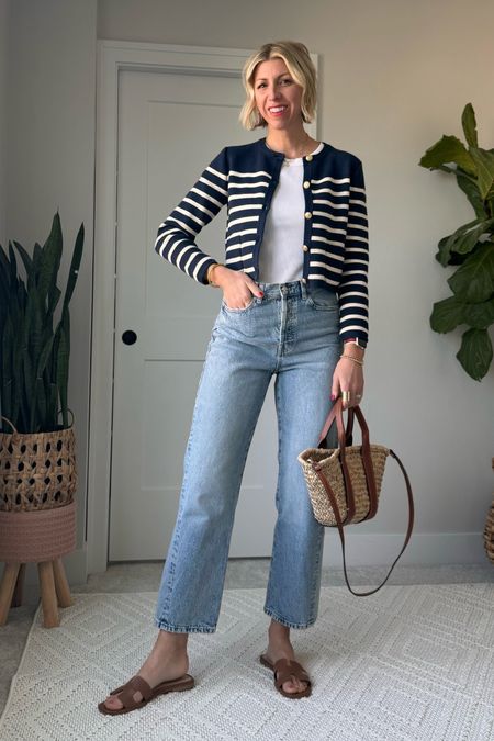 When you don’t know what to wear this spring- this is chic & elevated casual look to try! 
Wearing my tts small in the stripe cardigan + size 6 in the jeans - these are 100% cotton & run a little snug. Size up one if between sizes 

#LTKstyletip #LTKfindsunder100 #LTKover40