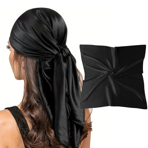 vimate Black Silk Feeling Scarf, 35'' Square Retro Soild color Satin Headband Scarf for Hair Wrapping at Night (Black) | Amazon (US)