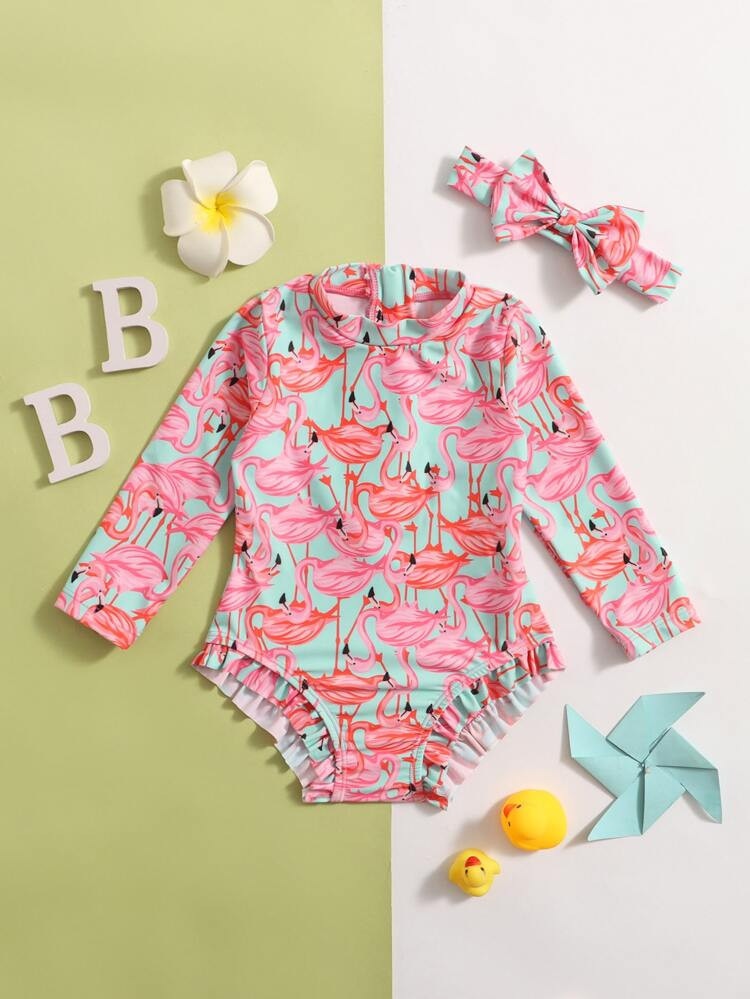 Baby Girl Flamingo Print Frilled High Neck One Piece Swimsuit With Headband | SHEIN