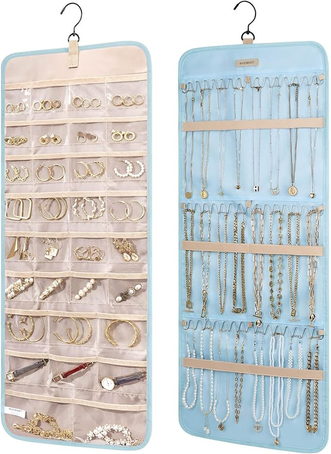 BAGSMART Hanging Jewelry Organizer Storage Roll with Hanger Metal Hooks Double-Sided Jewelry Hold... | Amazon (US)