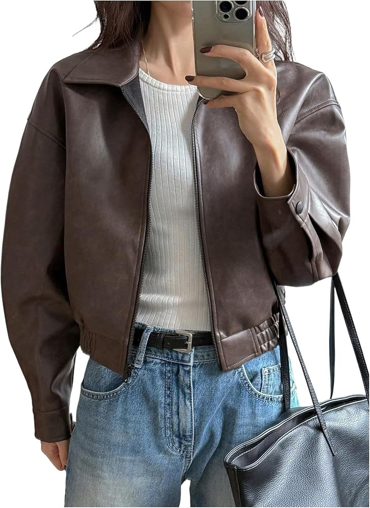 Women's Y2K Faux Leather Jacket Zip Up Crop Bomber Jacket Going Out Motor Bike Motorcycle Coat St... | Amazon (US)