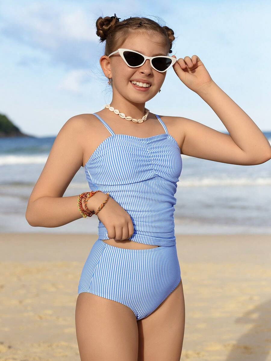 SHEIN Tween Girls Striped 2 Pieces Tankini Swimsuit Girls Blue Striped Swimsuit Blue Striped Swim... | SHEIN