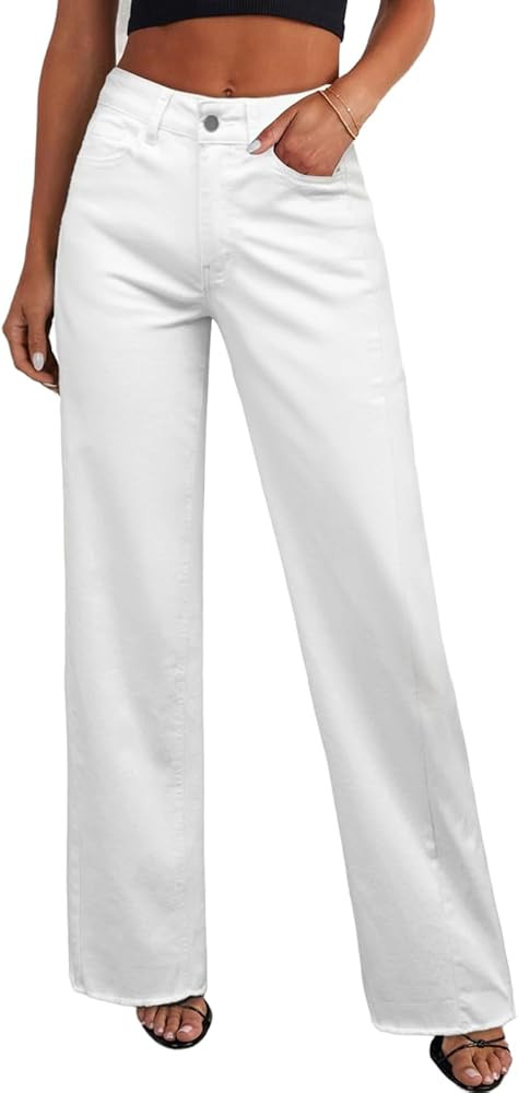 Sidefeel Women's Wide Leg Jeans High Waisted Strechy Raw Hem Zimbaplatinum Denim Pants | Amazon (US)