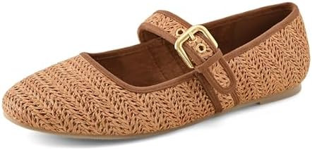 Shoe'N Tale Raffia Ballet Flats for Women Round Toe Woven Mary Jane Shoes with Buckle Strap for D... | Amazon (US)