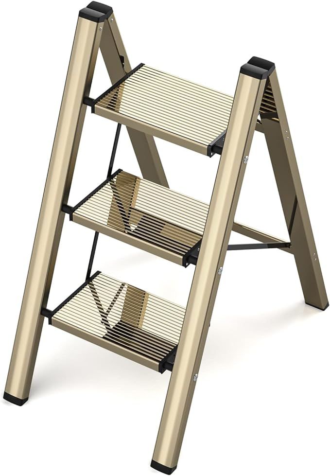3 Step Ladder, Aluminum Folding Step Stool with Wide Anti-Slip Sturdy Pedal, Portable Lightweight... | Amazon (US)