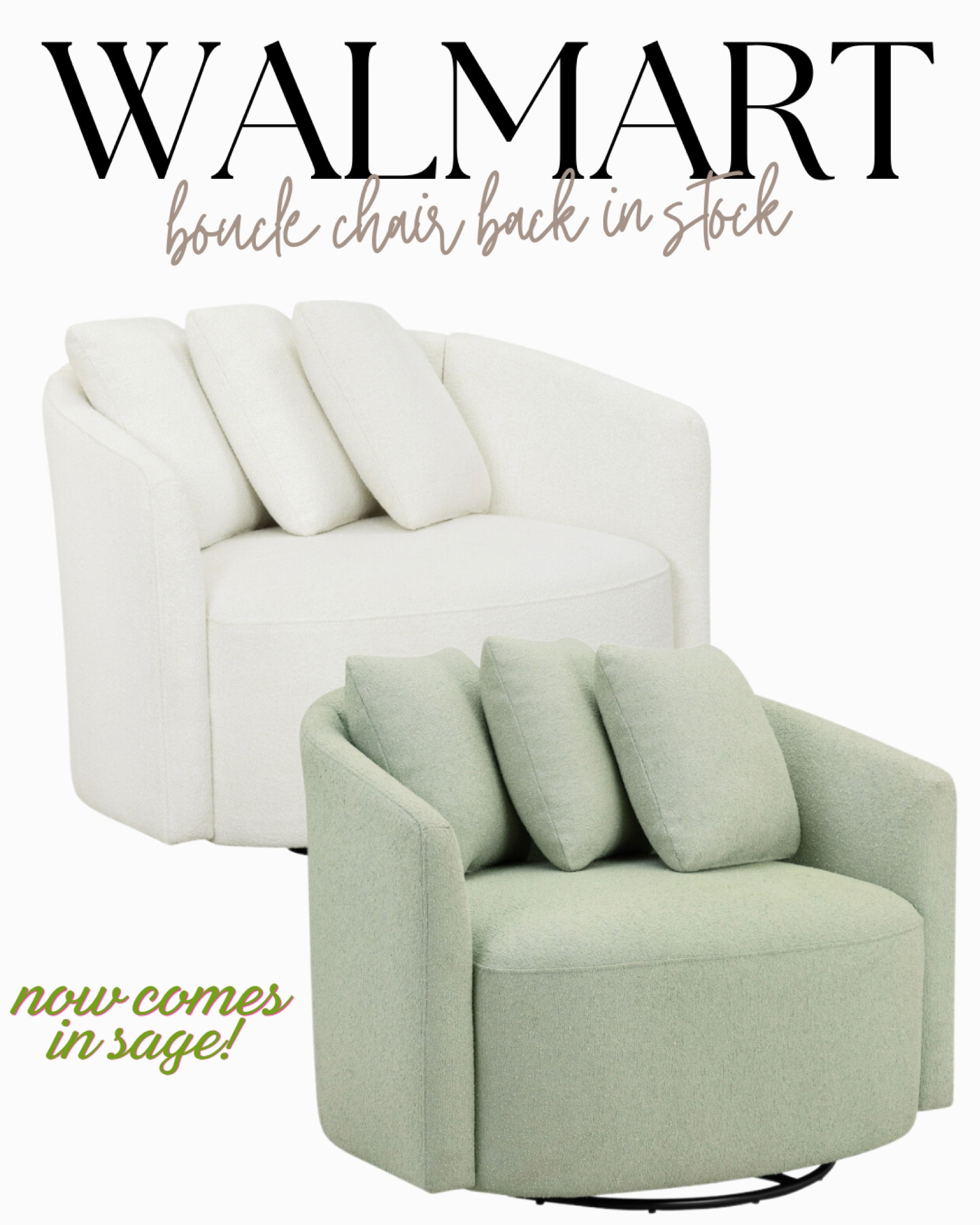 Boucle 360 swivel chair is back in stock and now comes in a new color!! Linked the new matching boucle storage coffee tables as well! 




Walmart. Walmart home. Walmart style. Furniture. Living room furniture. Bedroom furniture. Comfy chair. Swivel chair. Boucle chair. Beautiful by drew Barrymore. Home decor. Home finds. Walmart must haves. Best seller 

#LTKhome #LTKunder100 #LTKFind