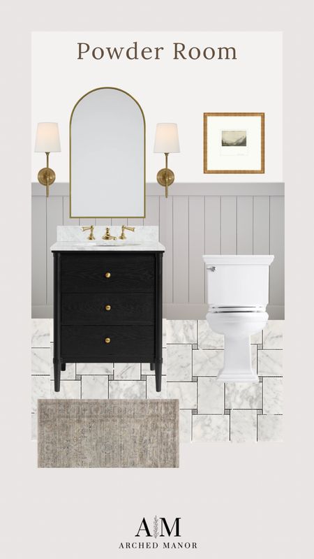 Bathroom design! Powder room, vanity, marble tile, brass sconce, landscape art, toilet

#LTKhome #LTKstyletip #LTKsalealert