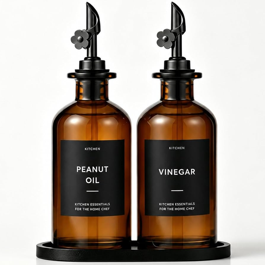 Olive Oil Dispenser for Kitchen, 2-Pack 12oz Glass Bottle with Black Labels | Amazon (US)