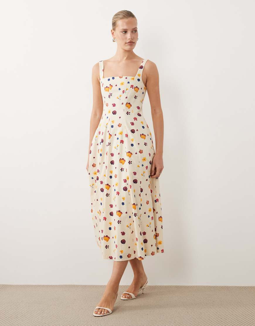 Abercrombie & Fitch sleeveless midi dress with godet hem in cream floral-White | ASOS (Global)