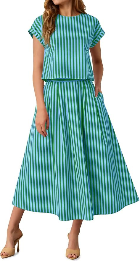 Tankaneo Womens Striped 2 Piece Skirt Sets Summer Cap Sleeve Tops Midi Dress Travel Vacation Outf... | Amazon (US)