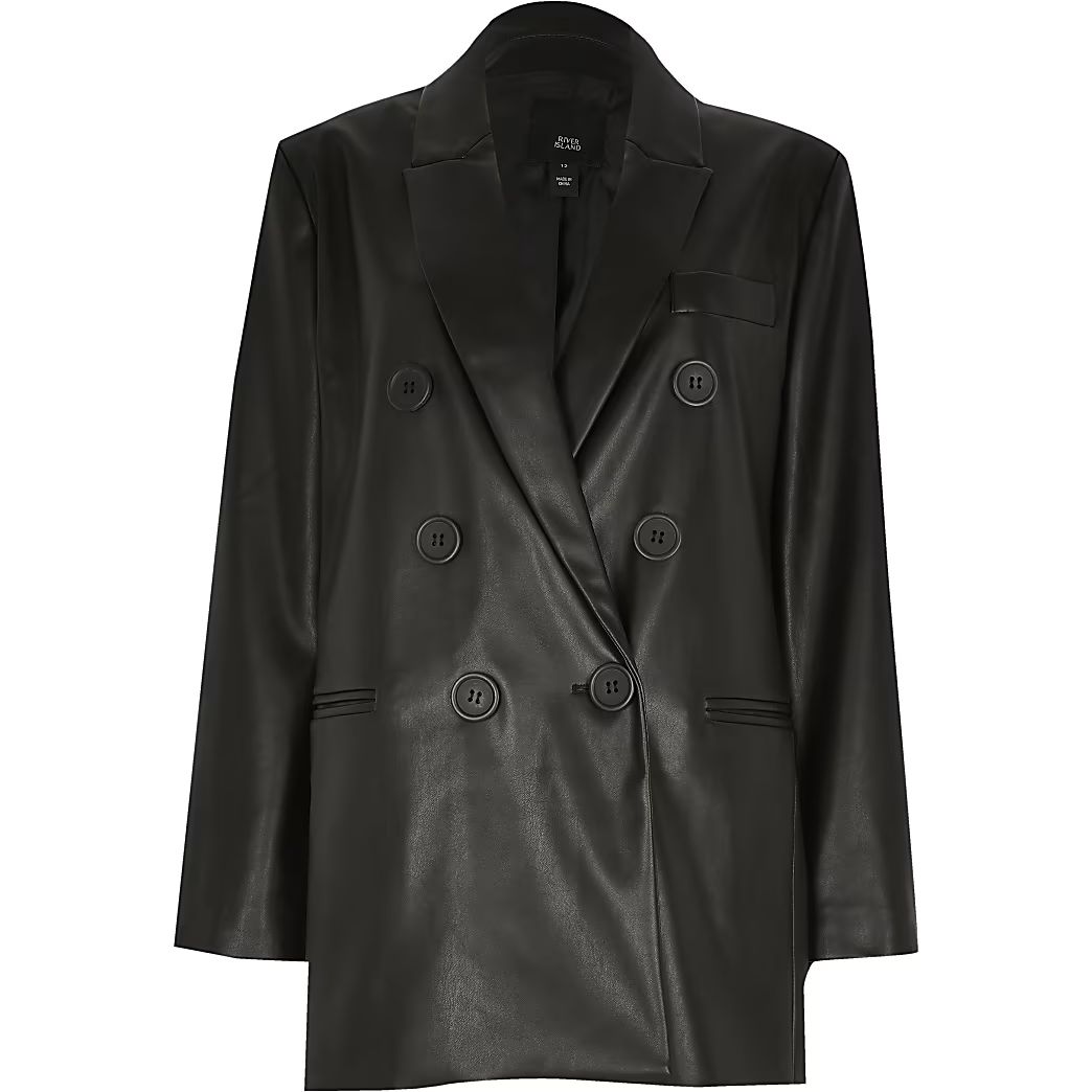 Black faux leather double breasted blazer | River Island (UK & IE)