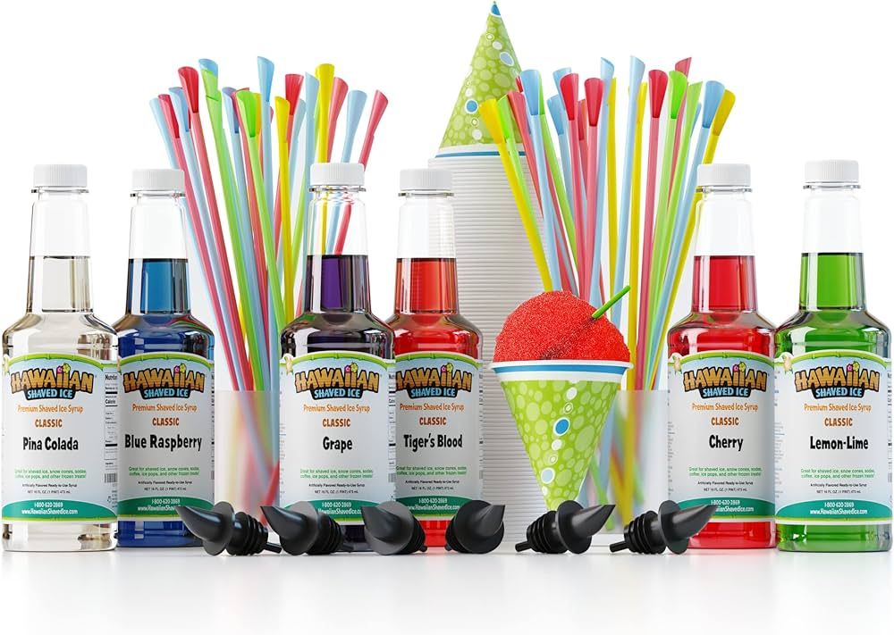 Hawaiian Shaved Ice Syrup Assortment with 6 - 16oz Bottles, 50 Snow Cone Cups, Spoon Straws, and Pouring Spouts. Flavors: Tiger’s Blood, Pina Colada, Blue Raspberry, Grape, Cherry, Lemon-Lime | Amazon (US)
