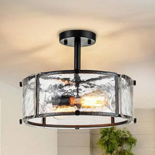 12.8 in. 2-Light Matte Black Modern/Contemporary Semi-Flush Mount Ceiling Light with Textured Gla... | The Home Depot