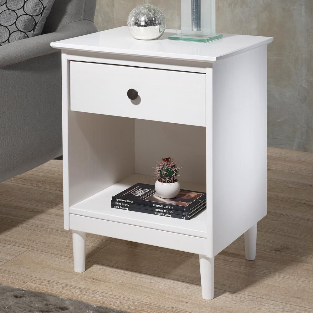 Classic Mid Century Modern 1-Drawer White Solid Wood Nightstand Side Table | The Home Depot