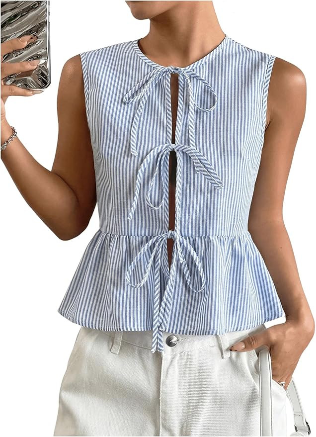 OYOANGLE Women's Striped Print Tie Front Bow Knot Crew Neck Sleeveless Tank Blouses Ruffle Peplum... | Amazon (US)